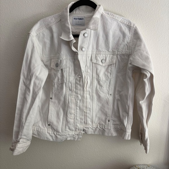 Old Navy‎ White Denim Jacket Womens Size L Button Front Long Sleeve Jean Coat - Picture 3 of 9
